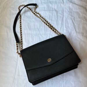 Black Crossbody Bag with Gold Chain Strap
